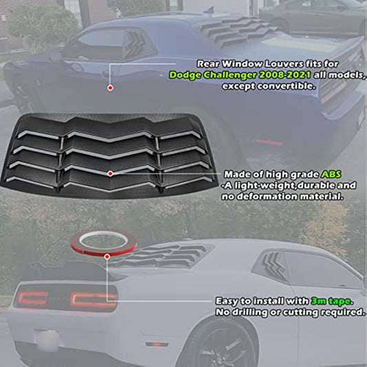2008-2021 Dodge Challenger Rear Window Louver Lambo Style Sun Shade Vent Cover Matte Black