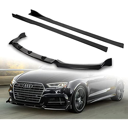 Front Lip Kit & Side Skirt Extensions Diffuser Set Compatible with 2017 - 2020 Audi A3 S3 Premium Plus/S-Line