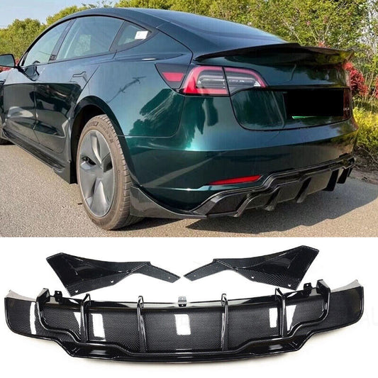 2017-2023 Tesla Model 3 Rear Bumper Diffuser Lip W/Extensions Carbon Fiber