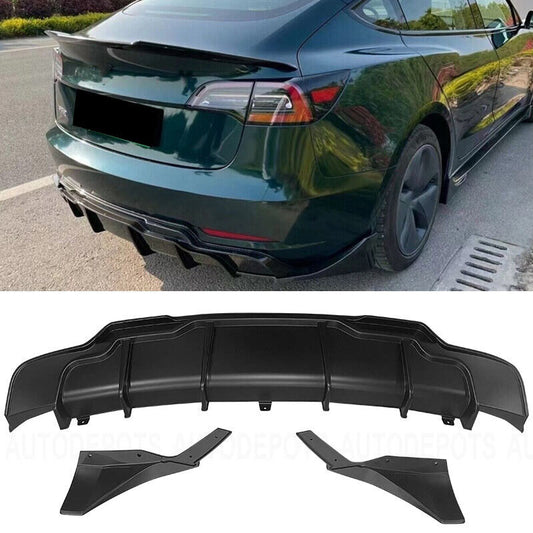 2017-2023 Tesla Model 3 Rear Bumper Diffuser Lip W/Extensions Matte Black