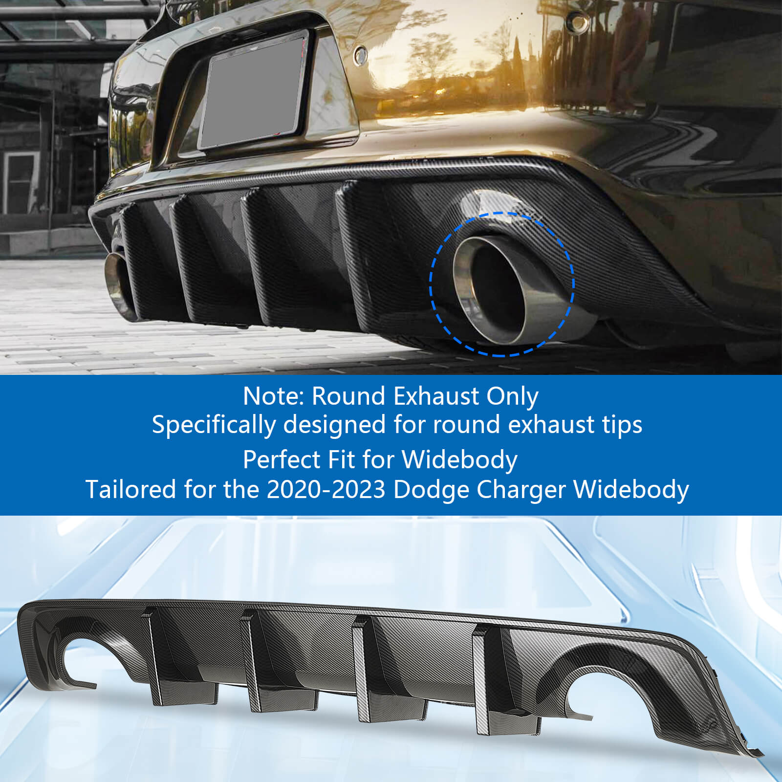 Dodge Charger 2020-2023 Widebody Rear Diffuser with 4 Shark Fin Carbon