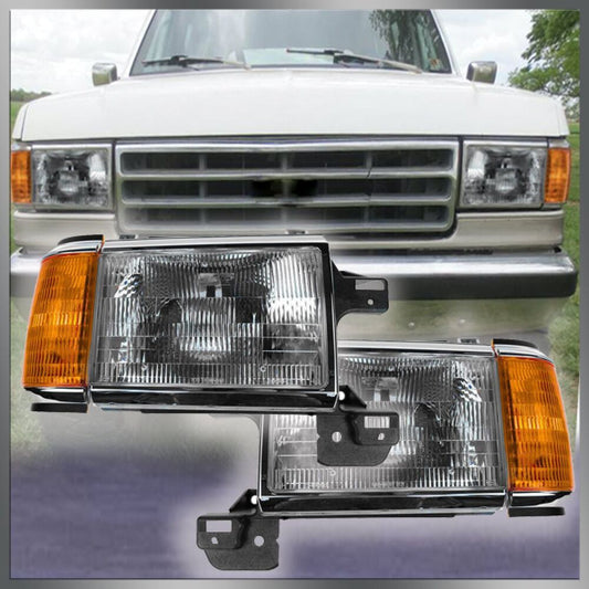 1987-1991 Bronco F-Series Truck Headlights Headlamps w/ Chrome Trim Pair Set