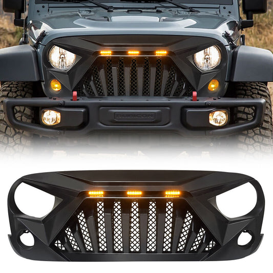 Jeep Wrangler JK JKU 2007-2018 Matte Black Goliath Grille w/LED Amber Lights