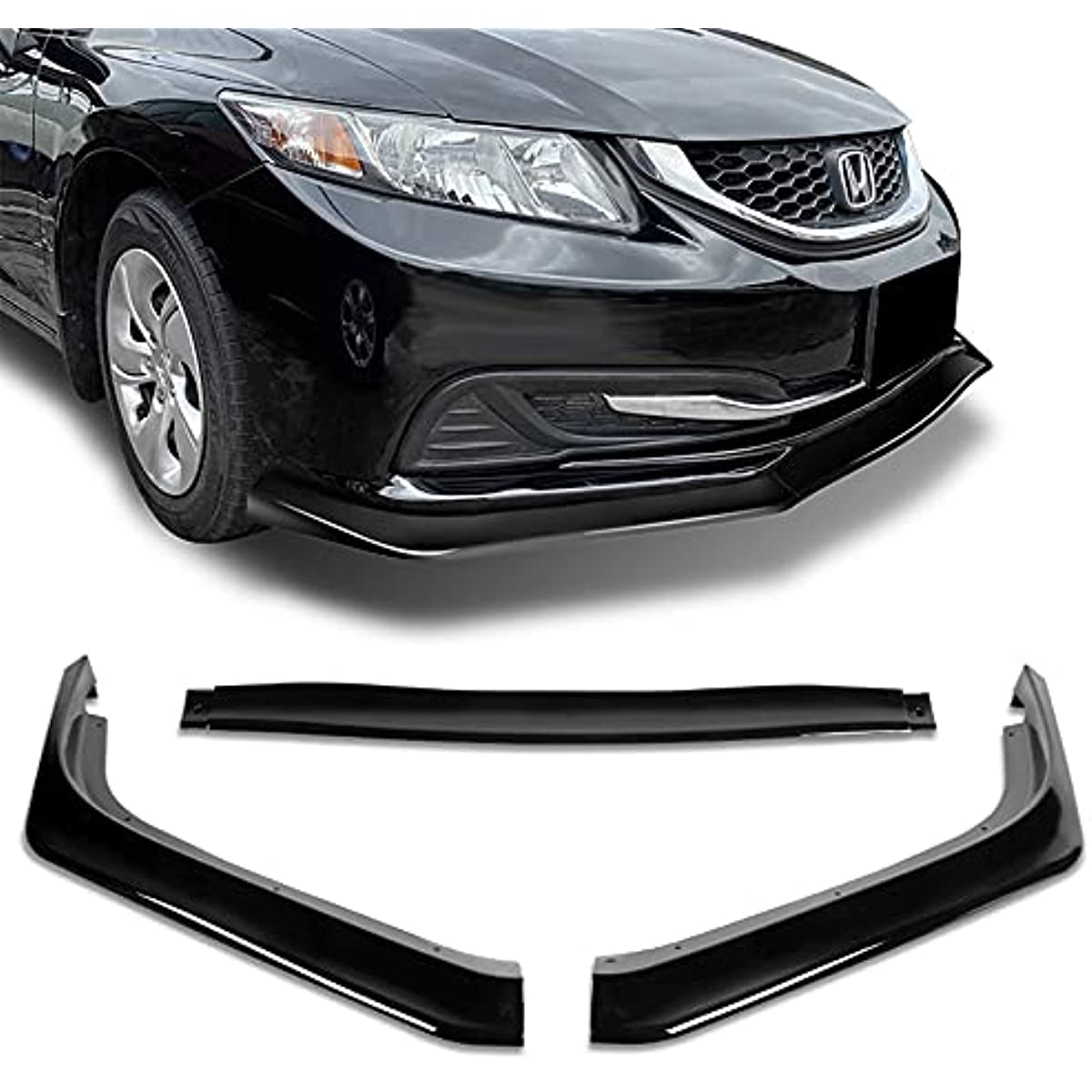 2013 2014 2015 Honda Civic Sedan 4-Door Glossy Black (Aero-Style) 3-Piece Front Bumper Lip