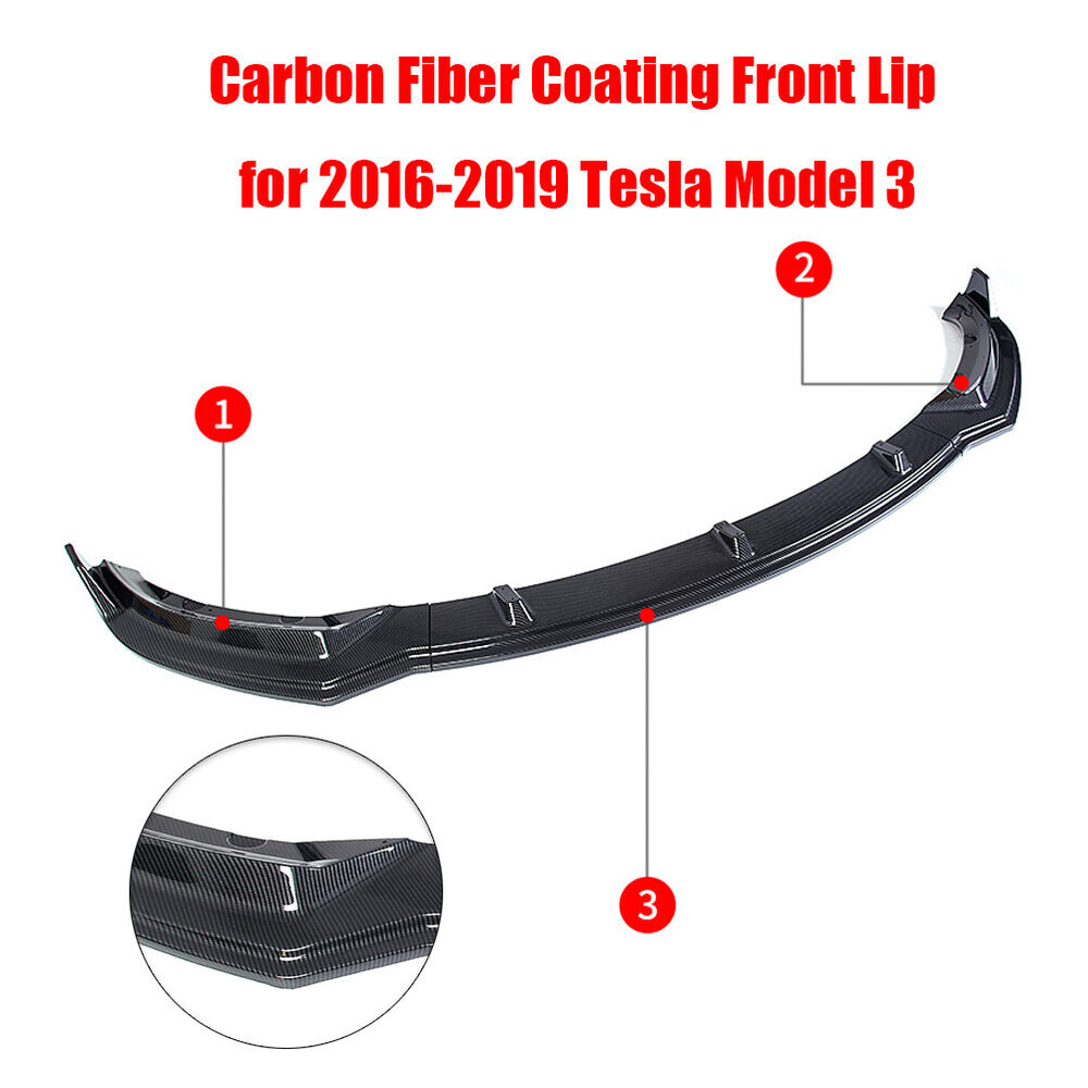 2017-2023 Tesla Model 3 Carbon Fiber Style 3PC Front Bumper Lip Spoiler